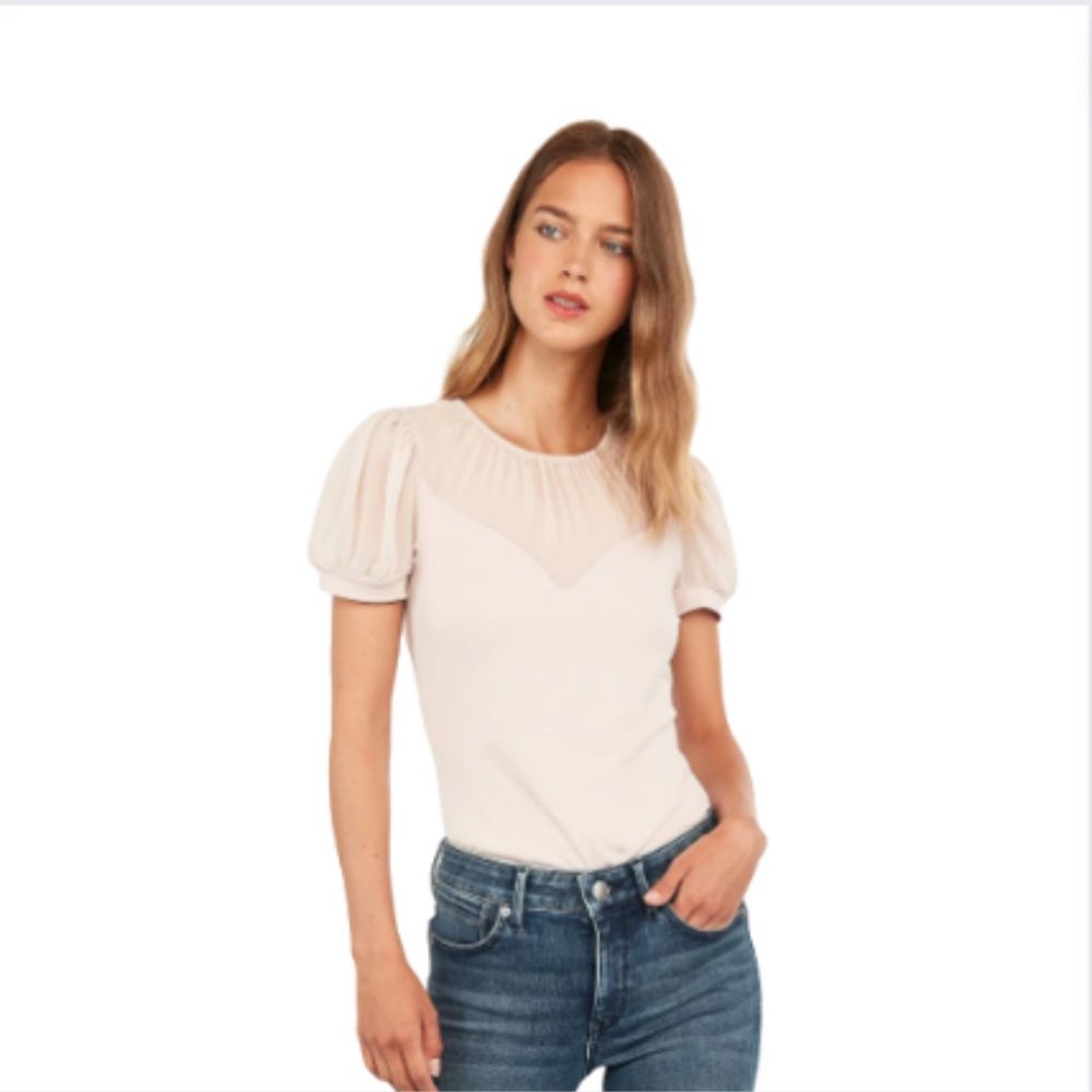 🔖3for$25 Express | Pink Puff Sleeve Sweetheart Business Blouse with Sheer Top